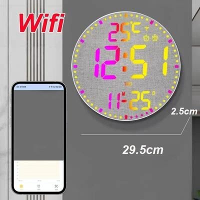 On Spot Shop Smart WiFi Colorful LED Large Digital Wall Clock, Temperature Date Week Display, Dual Alarms, Remote Control, Home Decor wifi White Cloth