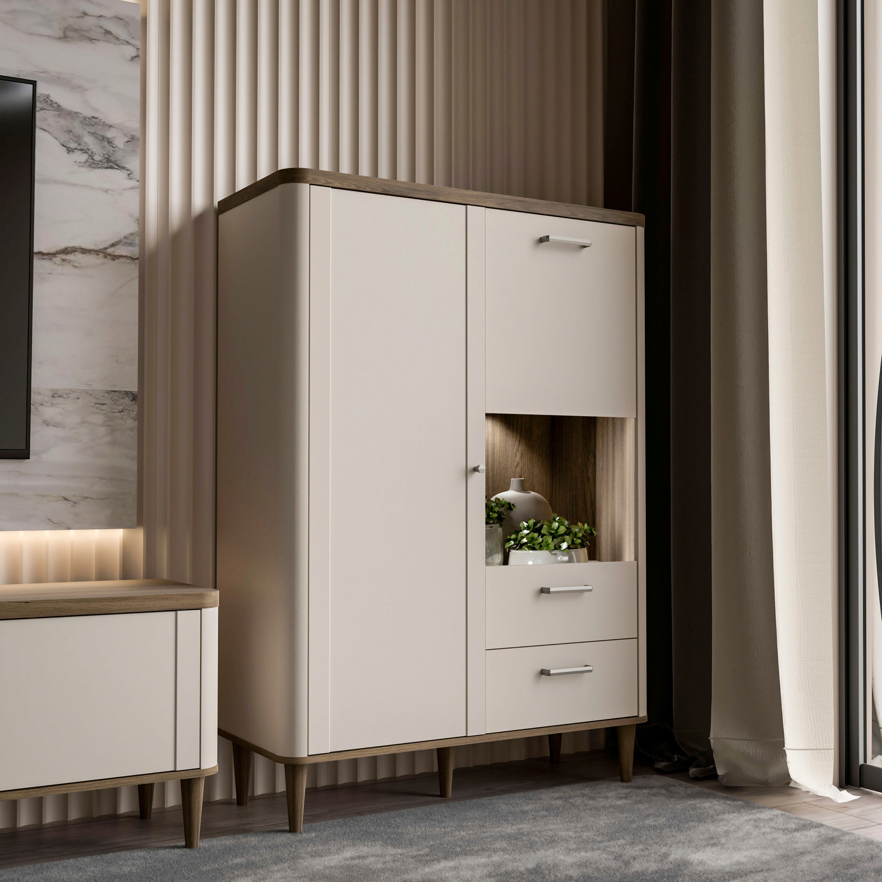 Highboard FORTE "Lacetti", beige (valencia eiche, kashmir beige), B:100,1cm H:142,9cm T:41,2cm, Holzwerkstoff, Sideboards, Highboard, B/H/T 100,1/142,9/41,2 cm Echtholzfüsse valencia eiche, kashmir beige B/H/T: 100,1cm x 142,9cm x 41,2cm, 2 Stk., 1 Stk.