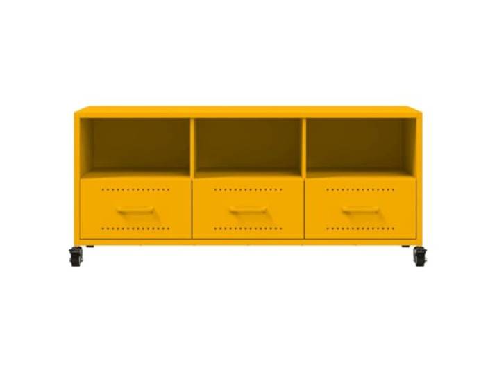 hliofuir TV-Schrank mit Rollen, 100,5x39x43,5 cm, Stahl Lowboard Senfgelb Mobiles Medienmöbel mit 3 Schubladen und 3 offenen Fächern für flexibles Umstellen im modernen Wohnzimmer oder Büro.
