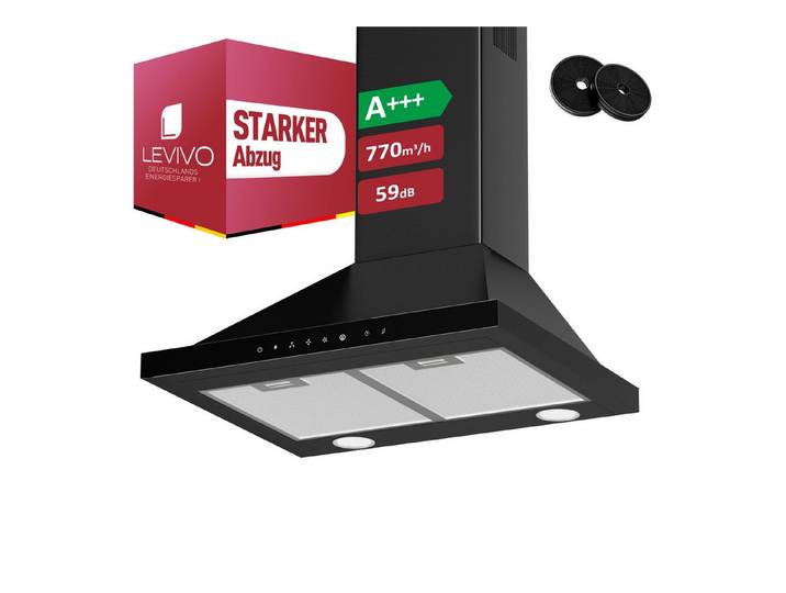 Levivo Wandhaube A+++ Dunstabzugshaube 60cm Umluft & Abluft mit 770 m³/h Aktivkohlefiltern, Fettfiltern, LED-Beleuchtung