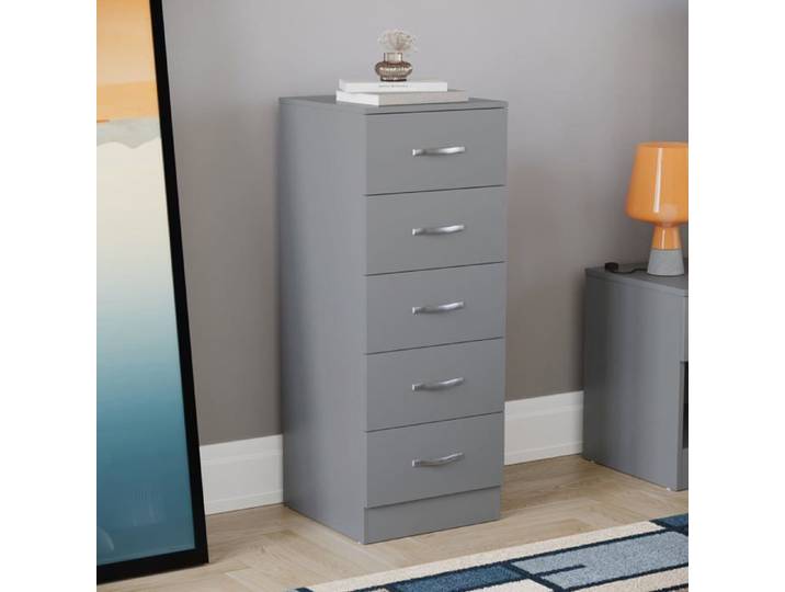 Commode - Riano - 5 tiroirs - Gris - Poignées acier inoxydable