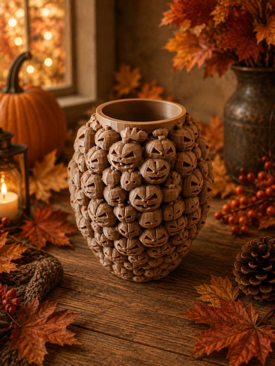 3D-geprinte Halloween Pompoen Vaas in het bruin voor herfstdecoratie