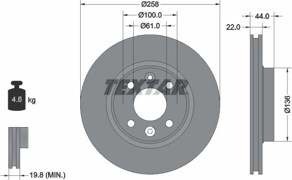 Textar Bremsscheibe Pro 92255203 258mm 22mm Für Renault Dacia Smart