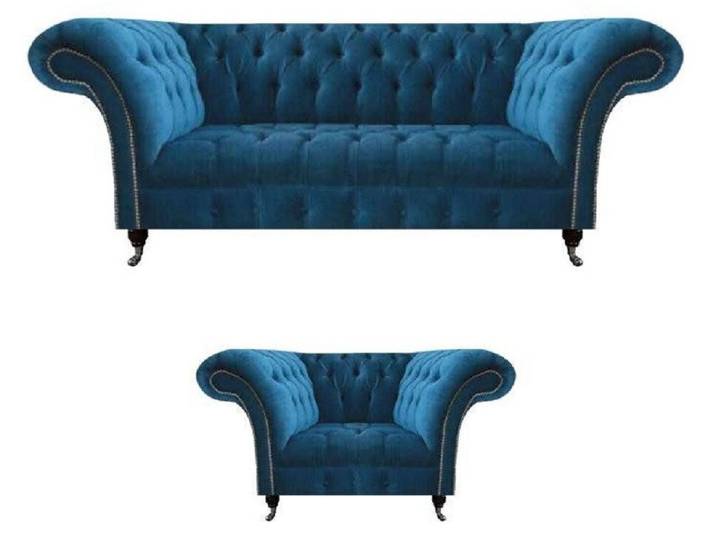 Xlmoebel Chesterfield-Sofa Blaue Polstercouch im Chesterfield-Stil aus hochwertigem Stoff, 2-tlg. Set (Sofa 3-Sitzer + Sessel), Hergestellt in Europa