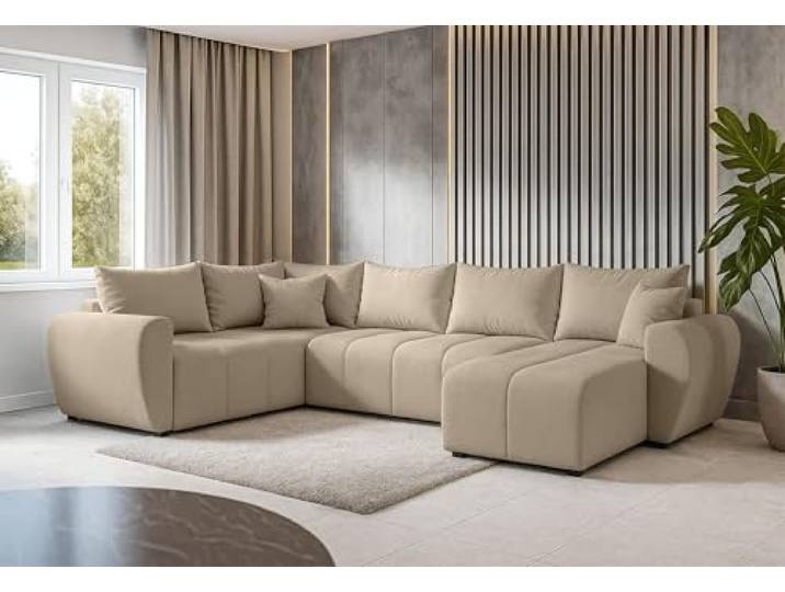 AXLIVING Malatya U XL Wohnlandschaft U Form XXL Ecksofa Hellbraun L Schlaffläche: 270 × 140 cm. Komfort durch T30-Schaum und Wellenfedern. Praktischer Bettkasten. Sitzhöhe: 41 cm.