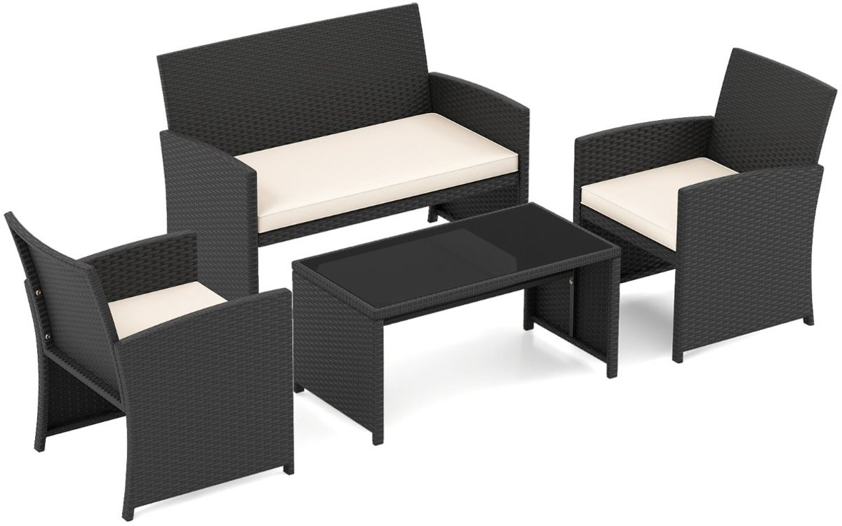 SureDeal® Rotan Tuinset met Fauteuils, Salontafel met Gehard Glas en Kussens - Wit - B: 58,5 cm, D: 63,5 cm, H: 78,5 cm