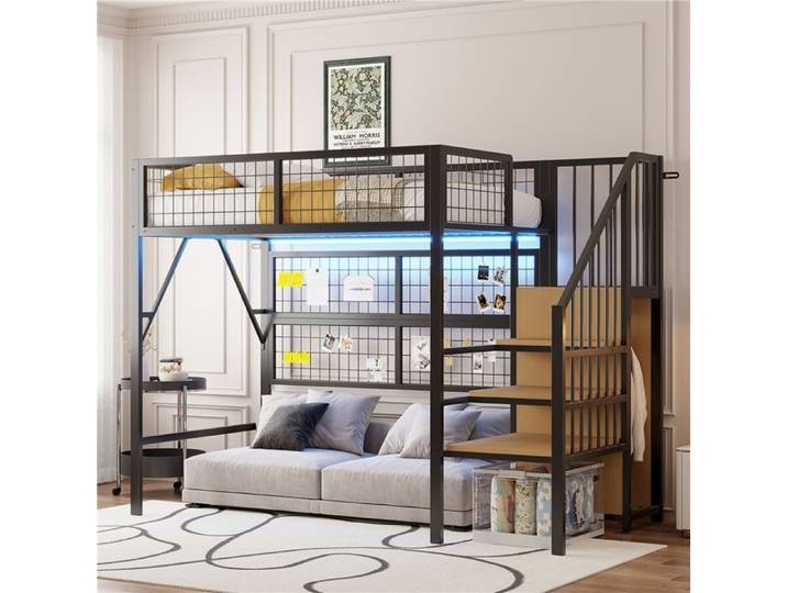 Lit mezzanine gamer 90x200 cm métal noir avec LED application escalier rangement et structure robuste adolescent
