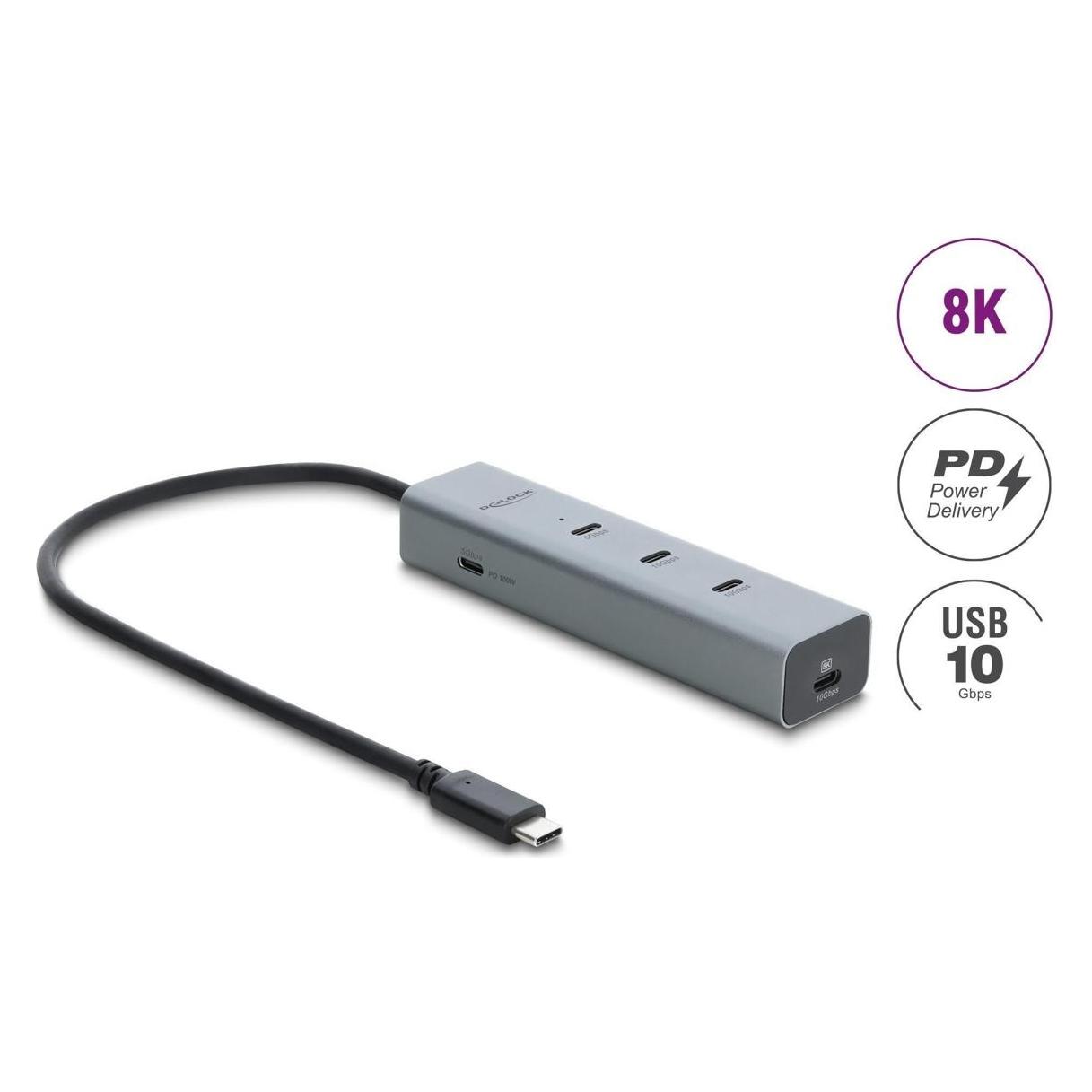 Delock 5-Port-USB-Typ-C-Hub mit 10 Gbit/s und 8K-Videoausgang sowie (USB-C, 5 Ports) (64379)