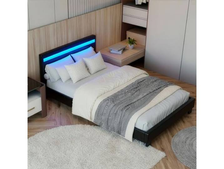 Juskys Polsterbett Paris 120x200 schwarz mit LED Beleuchtung, Webstoff Stimmungslicht in 16 Farben per Fernbedienung, Jugendbett mit Lattenrost, Kopfteil, ohne Matratze