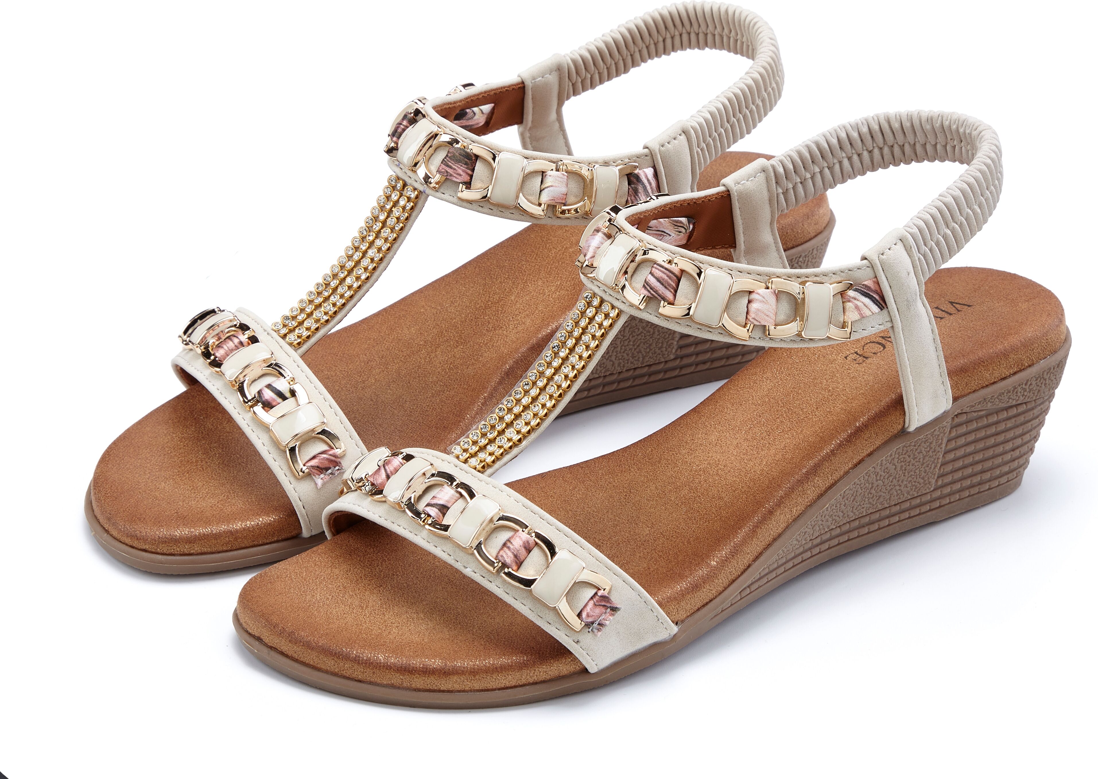 Sandalette VIVANCE "Sommerschuh, offener Schuh, Sandale, Keilsandalette", Damen, Gr. 40, Lederimitat, beige, Obermaterial: 100% Lederimitat. Decksohle: 100% Textilmaterial. Futter: 100% Lederimitat. Laufsohle: 100% Synthetik, Glitzer, unifarben, Basic,fes