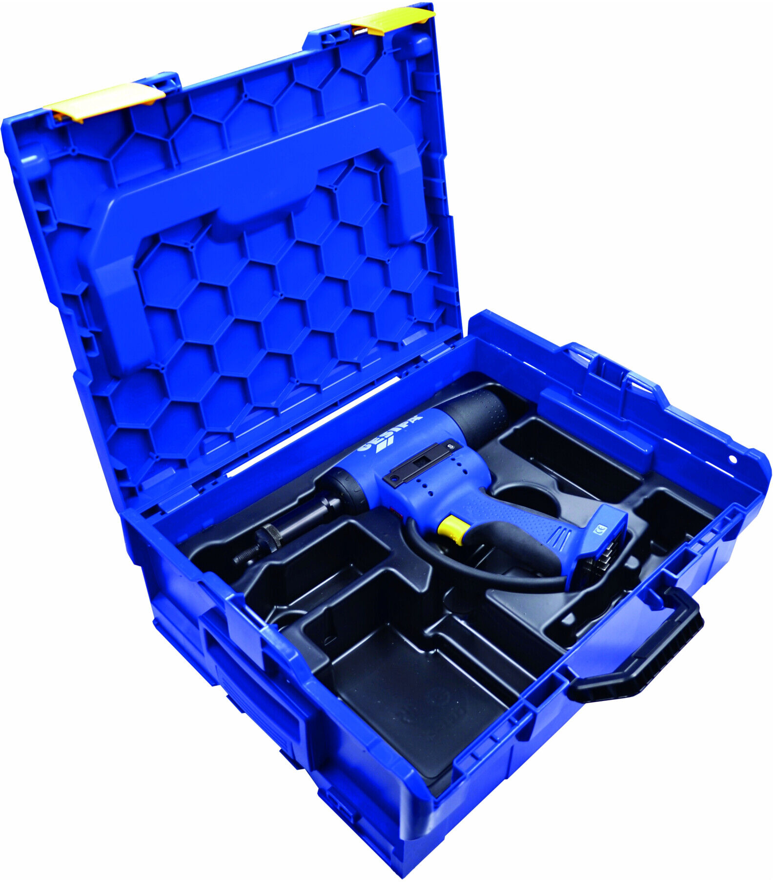 Gesipa FireBird Pro Gold Edition Akku-Blindnietmuttern-Setzgerät in L-Boxx aus Kunststoff und Metall mit Akku und Ladegerät für das Setzen von Blindnietmuttern bis M10, Kraft: 15000 N, Inhalt: Akku-Blindnietmuttern-Setzgerät, Akku, Ladegerät, Mundstücke u