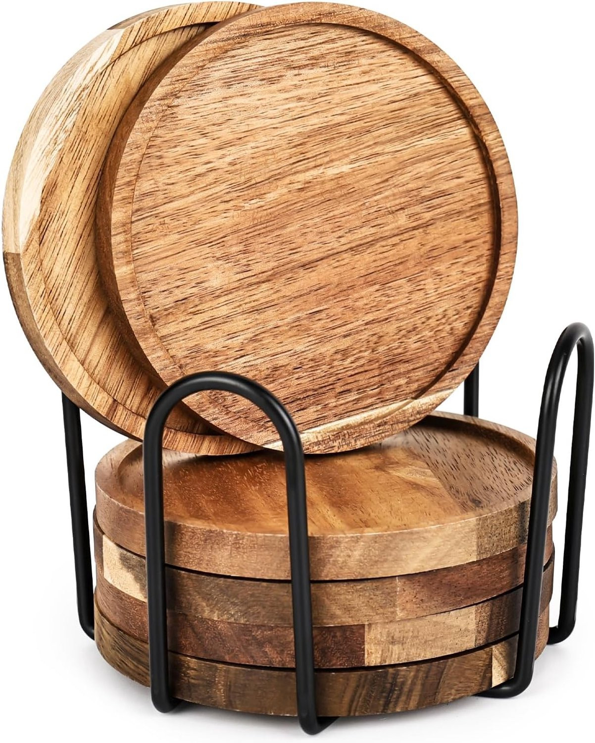 Set van 6 ronde onderzetters van acaciahout met houder