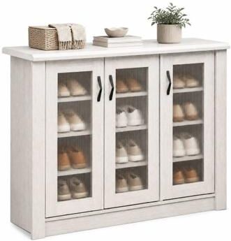 Costway 3-Door Shoe Cabinet with Removable Shelves Wooden Shoe Storage Organizer-White