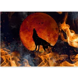 Artgeist, Tapete, Fototapete - Wild nature - wolf on a background of a red moon in flames of fire (250 x 175 cm)