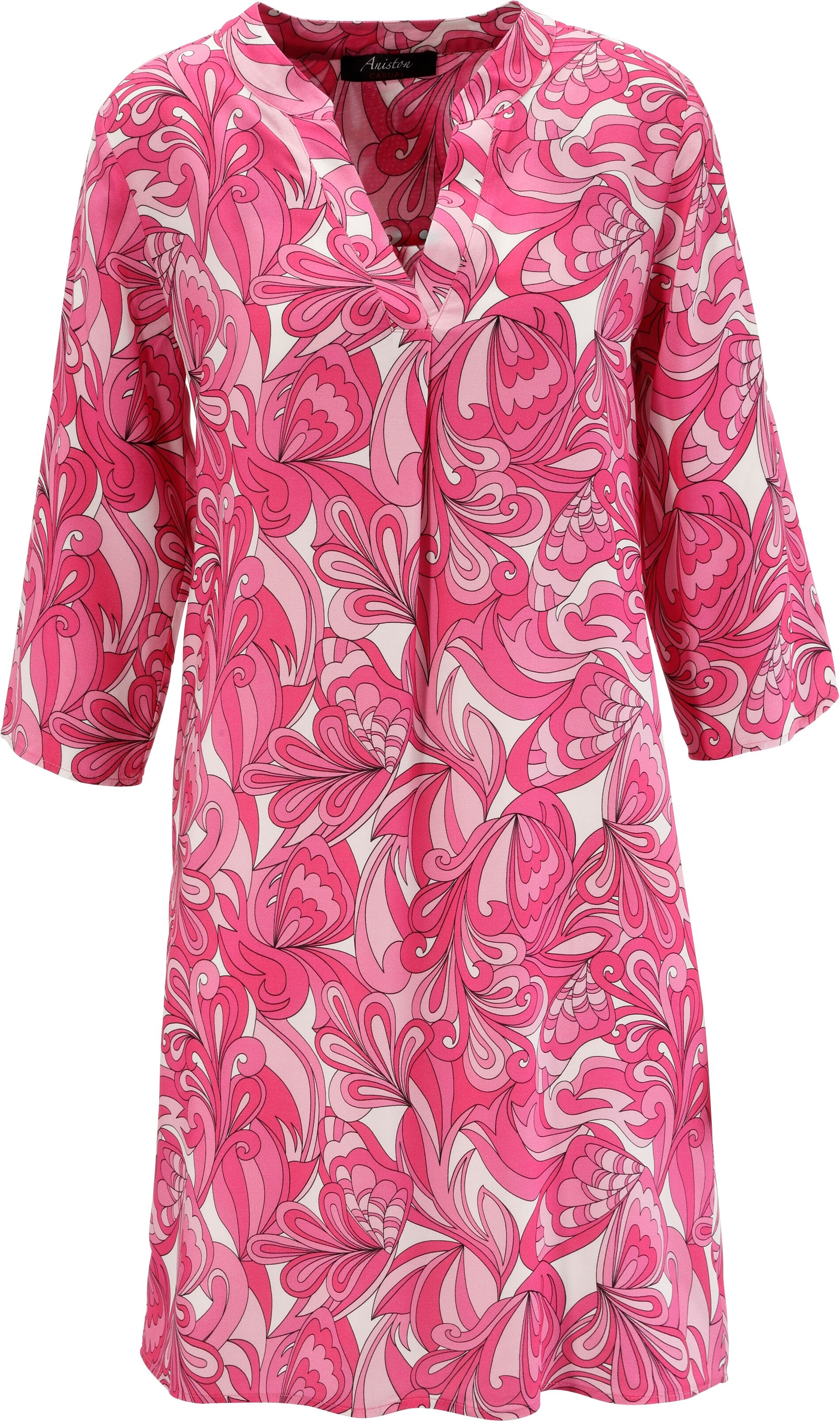 Sommerkleid ANISTON CASUAL, Damen, Gr. 38, N-Gr, 3/4 Arm, Web, bunt (pink, weiß, rosa, rose), Web, Obermaterial: 100% Viskose, bedruckt, gemustert, figurumspielend kniefrei, V-Ausschnitt, Krempelärmel, Kleider Sommerkleid, mit farbharmonischem, graphische