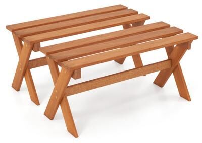 "Costway 36"" Outdoor Solid Wood Bench Set of 2 Backless Patio Dining Bench with Teak Oil Finish"