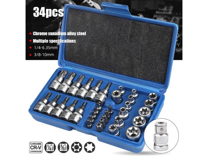Jeu de 34 embouts Torx et douilles E-Torx, embouts de sécurité E-Torx mâles et femelles, entraînement 1/4 , 3/8 , 1/2 , outil manuel