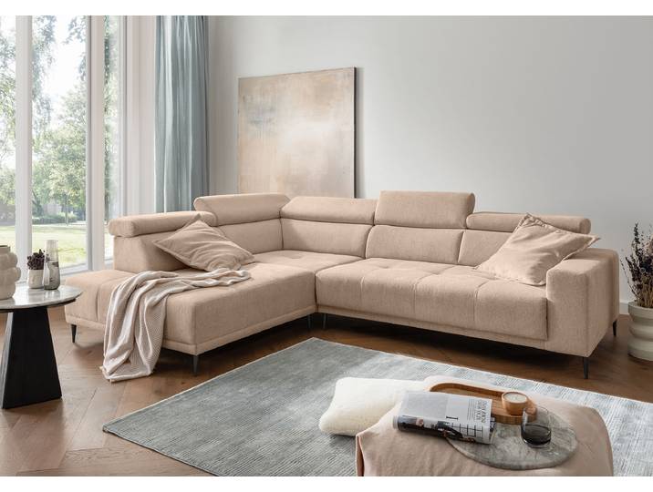 Ecksofa mit Sitztiefenverstellung Braun Webstoff Jimin 304 x 95 x 225cm Ottomane davorstehend links Modern