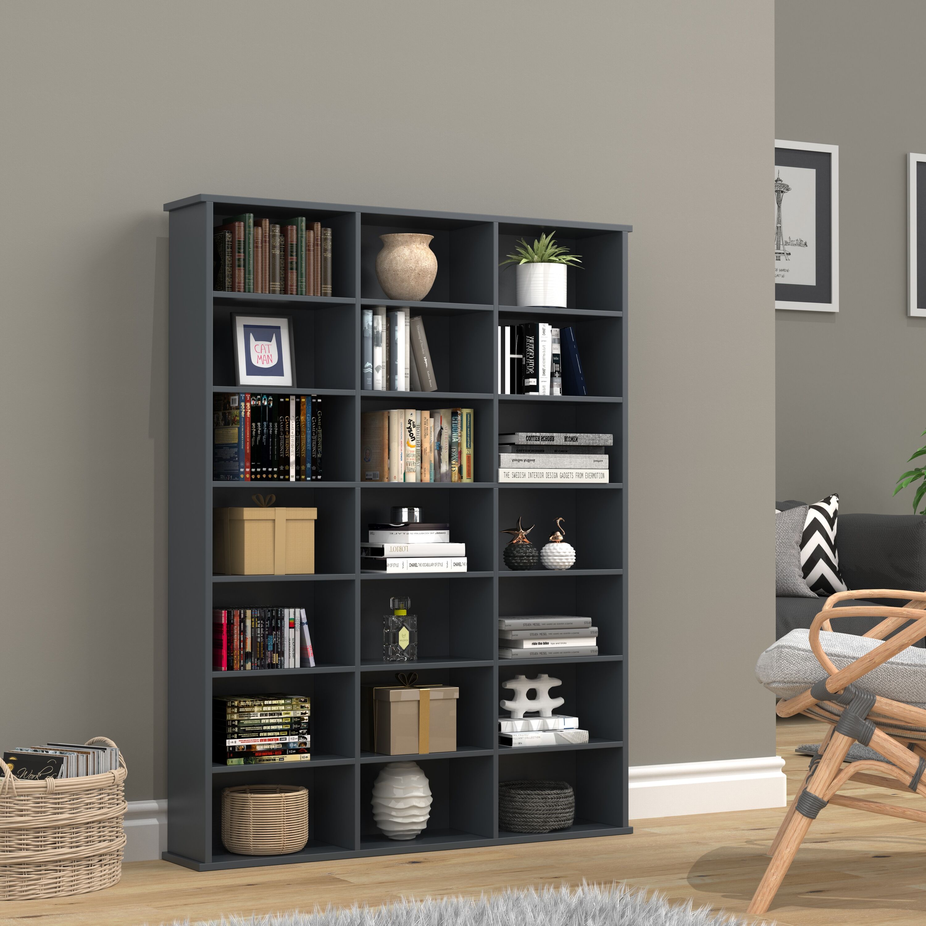 Standregal VCM "Holz CD DVD Standregal Bücherregal Regal Megosa M", schwarz (anthrazit), B:105cm T:19cm, Regale, Standregal