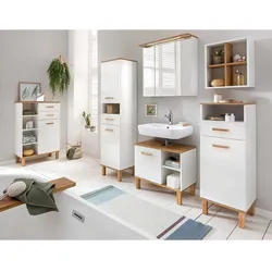 Badezimmermöbel Set weiß im Skandi Design 179 cm hoch (sechsteilig)