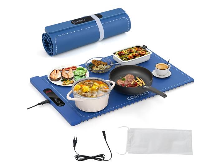 Elektrische Verwarmingsmat Silicone voor Voedsel Opvouwbare Warmhoudplaat 6 Temperatuurregeling van 50℃-100℃ (Blauw)