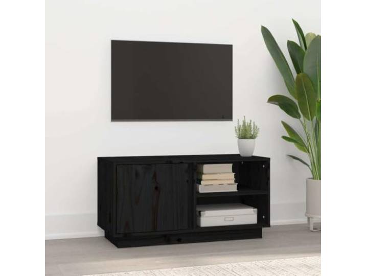 HEFZGDB TV-Schrank Schwarz 80x35x40,5 cm Massivholz Kiefer mit 3 Fächern und 1 Tür - Stauraum Möbel für Wohnzimmer - Rustikales Design TV Unterschrank aus Massivholz