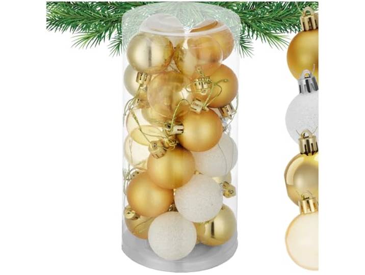 tectake® Boules de Noël Blanches et Dorées\, 24 pièces\, Boule de Noel Ø 4 cm avec Suspension Boule\, Mate\, Brillante ou pailletée\, Ficelle dorée ou argentée\, Décoration Noël Sapin\, Déco Sapin de Noel