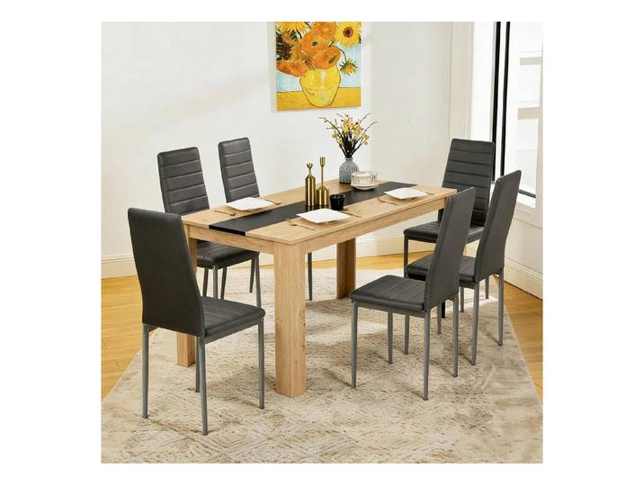 LuxusKollektion Essgruppe Essgruppe Tisch Stühle MDF Platte Kunstlederbezug Braun 6 Grau