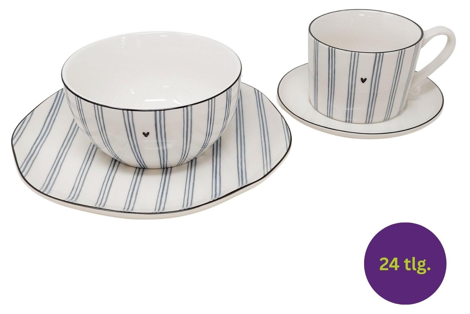 24tlg. Frühstücksservice Iris Blue small Stripes weiß blau Bastion Collections