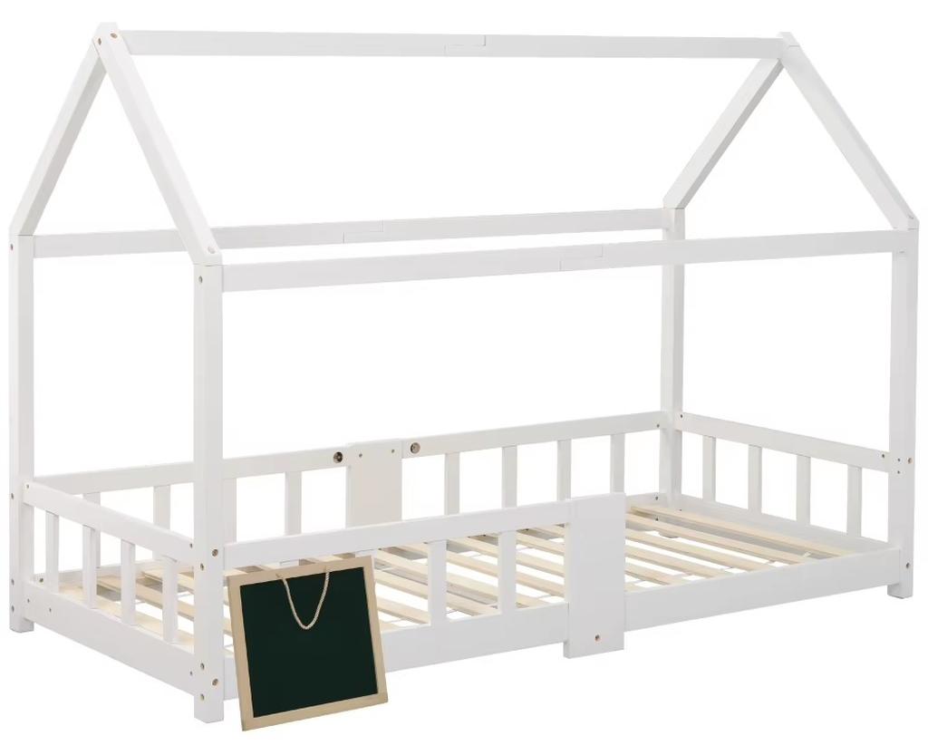 Kinderhausbett - Einzelbett 90 x 200 cm - Massives Kiefernholz - Robuster Lattenrost - Rausfallschutz - Weißes B-Design