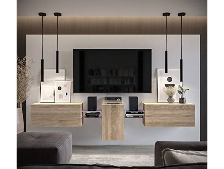 Furnitech Wohnwand Wohnzimmer Wohnzimmer Möbel mit LED Blau Hängend Wohnwand Modern Wohnzimmer Schrankwand mit Regale und TV Schrank (AN98-2S-M5-1A)