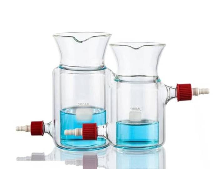 Doppelschichtiger Becher aus Borosilikatglas mit ummanteltem Reaktor, mit Ablauföffnung, zur Verwendung im Labor(100ml)