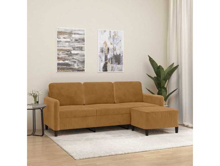 Canapé à 3 places avec repose-pieds - - Velours - Brun - 198x77x80 cm - Repose-pied inclus - Structure robuste