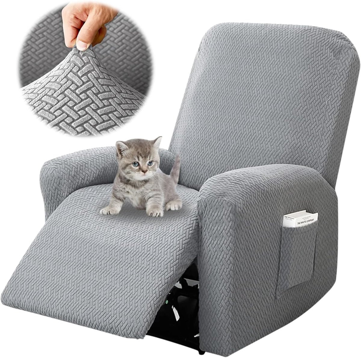 Set van 4 uitbreidbare All in One relaxfauteuilhoezen met vakken, lichtgrijs