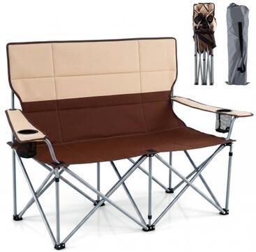 Costway Double Camping Chair with Carry Bag Cup Holders-Brown