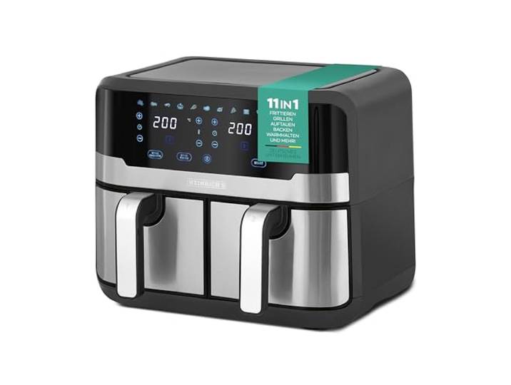 HEINRICHS - Heißluftfritteuse XXL 9L, Doppelkammer, 9 Programme, LED-Touchscreen, fettfreies Kochen, 2400W, Heißluftfritteuse für gesunde Küche, Doppel-Airfryer