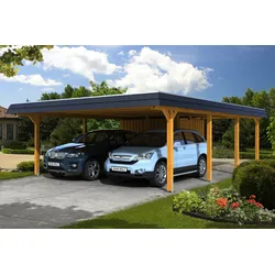 Skan Holz Walmdach Carport Breite 630cm mit Abstellraum eiche hell Holzcarport