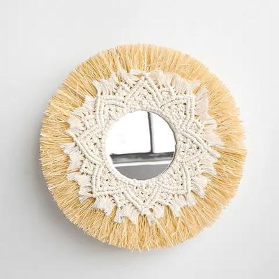 Inspire Select Macrame Hanging Wall Mirror Woven Boho Round Wall Mirror For Living Room & Bedroom Decor raffia Glass Mirror