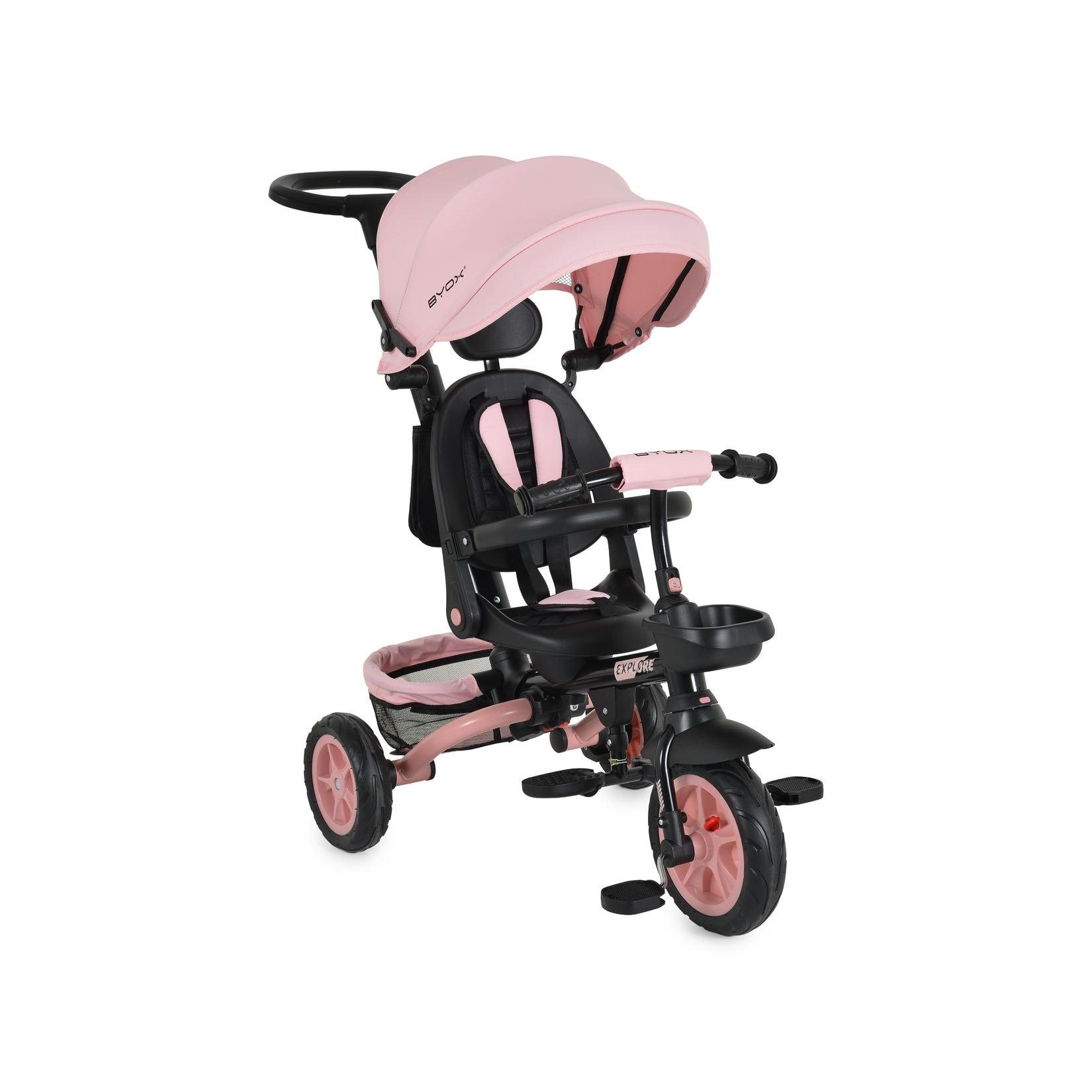 Byox Tricycle Explore 3 in 1 Dreirad umkehrbarer Sitz Schiebegriff Körbe Pedale rosa
