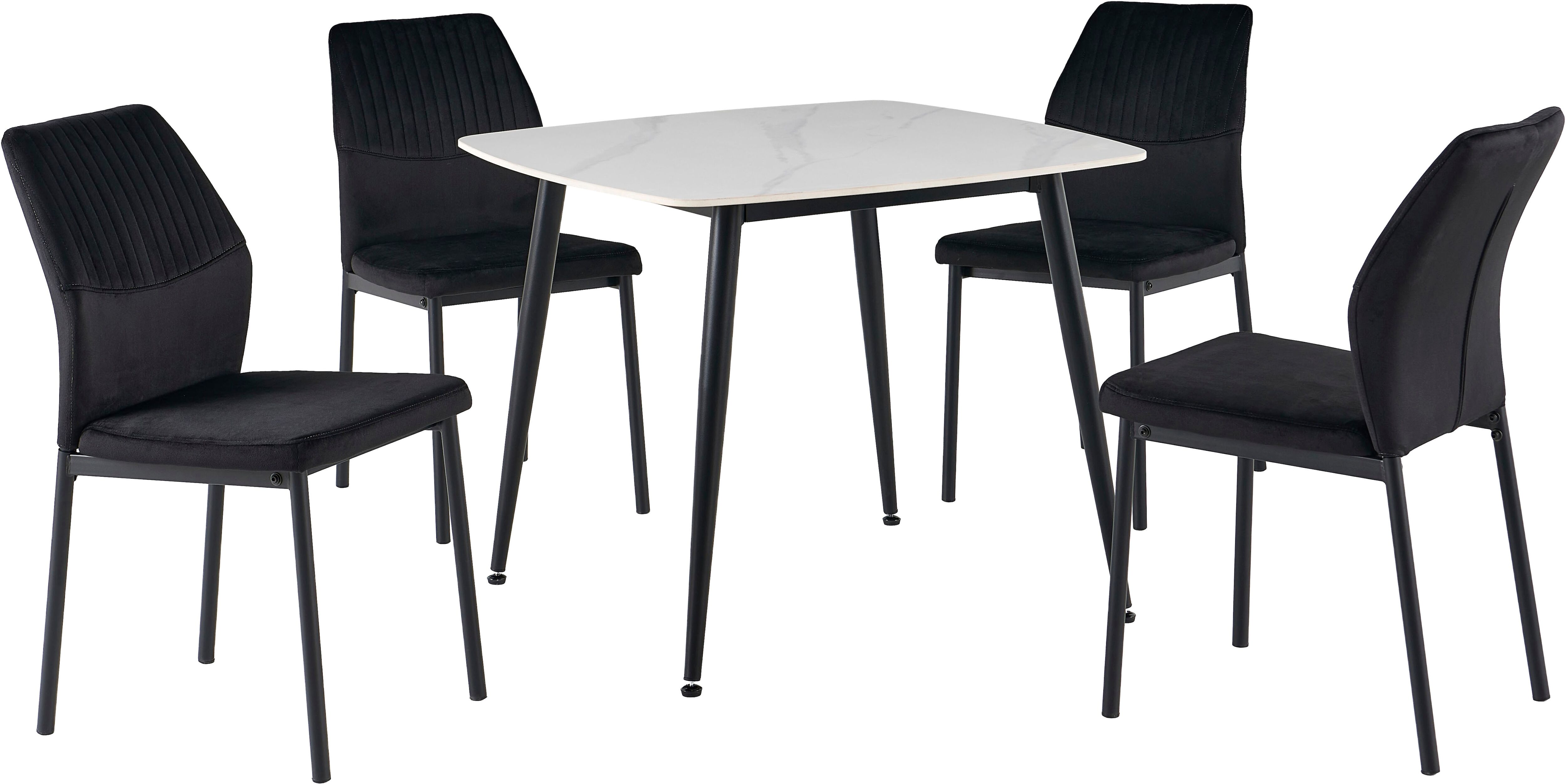 Essgruppe GOODPRODUCT "Nora, Set, 5-tlg", schwarz-weiss (schwarz, weiß, schwarz, schwarz), B:90cm H:74cm T:90cm, Metall, Stein, Stoff, Sitzmöbel-Sets, Essgruppe, mit 4 bequemen Stühlen, Esstisch aus gesintertem Stein in Keramikoptik schwarz, weiß, schwarz