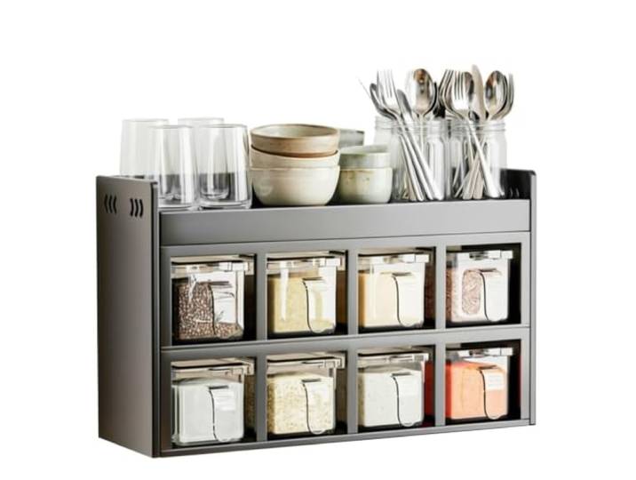 Küchenhängeschränke, Edelstahl Hängeschrank Küche, Offene Aufbewahrung Küchen Hängeschrank, Versiegelte Gewürzbehälter, Schutzleisten, 12.5cm Tiefe, Abnehmbar/Waschbar(40x12.5x25cm/16x5x10in)