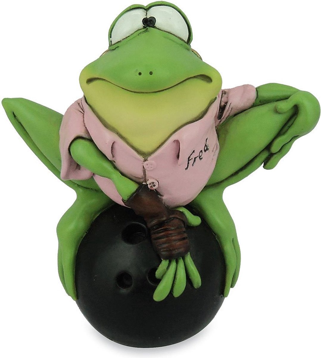 Groen Dierenbeeldje Kikker Freddy de Bowlingkampioen, Hoogte: 12 cm