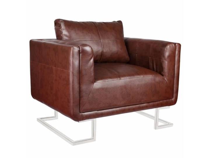 Fauteuil cube avec pieds chromés Cuir synthétique Marron Chaise Meubles Fauteuil Cabriolet Salon Maison