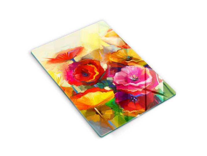 Wallfluent Glasplatte 40x52 cm Bunte Gemalte Blumen, Grün, Glas, Rechteckig, 40x52 cm, Küchenzubehör, Schneidebretter