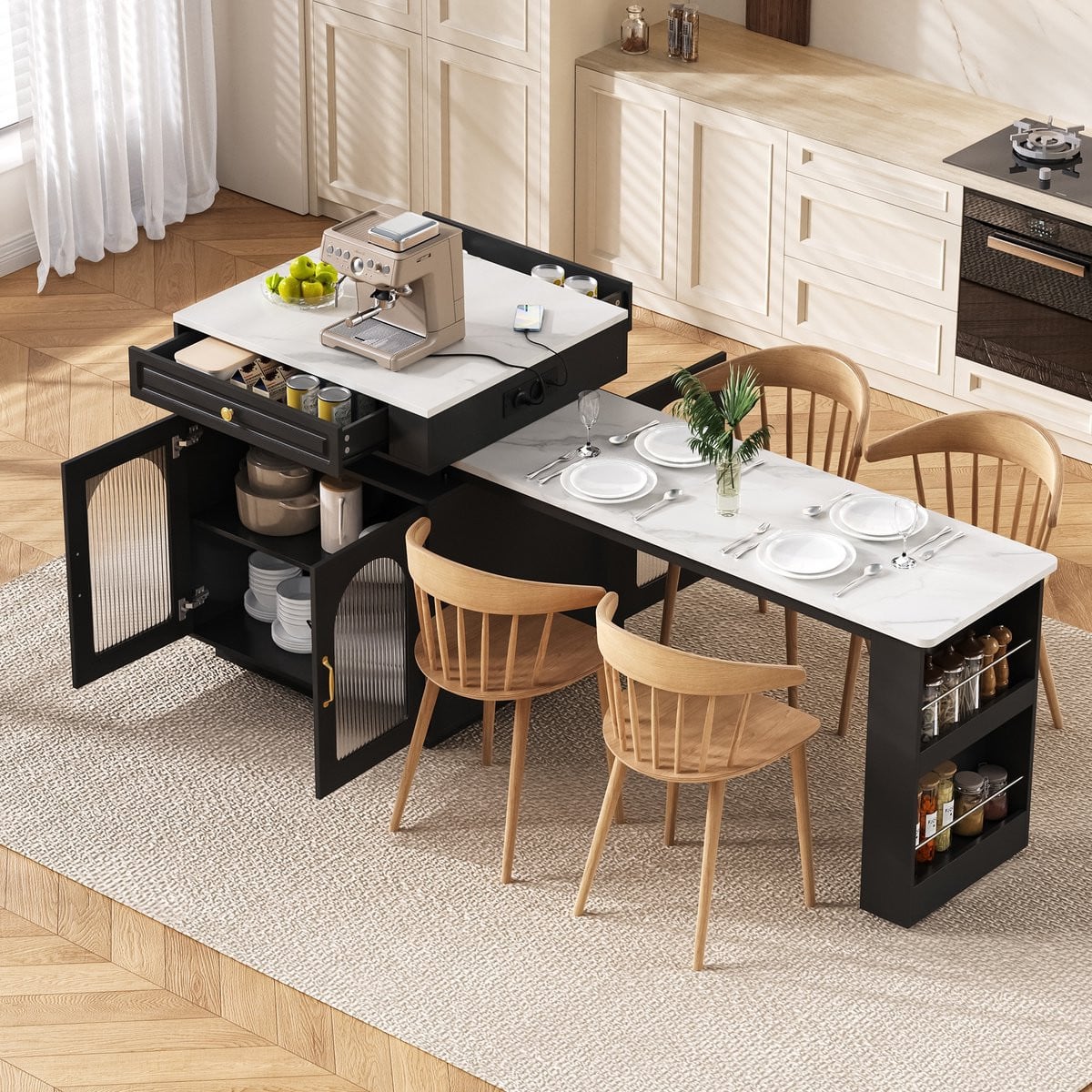 Sweiko Keukeneiland met uitschuifbare eettafel, LED-verlichting en wieltjes, Zwart