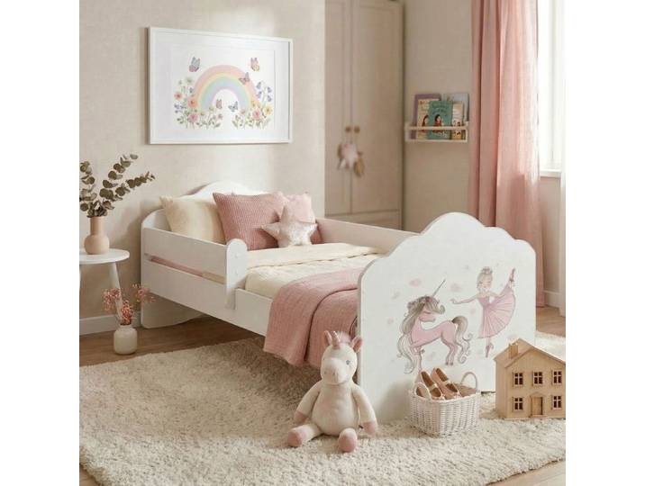 Lit enfant FALA 160 x 80 cm avec sommier + matelas + barrière de sécurité avec motif de fillette avec licorne