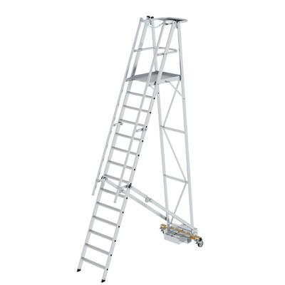 PROREGAL Plattformleiter klappbar mit schmalem Fahrwerk | 14 Stufen | inkl. beidseitigem Handlauf | Aluminium | nivello Leiterschuhe