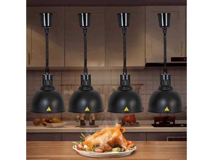 Aocay Wärmelampe Küche Gastro(Schwarz-25cm, 4 Stück) Hängende Speisenwärmer Lampe Einstellbare Höhe, 250W Lebensmittel Wärmelampe Buffet 19cm/25cm