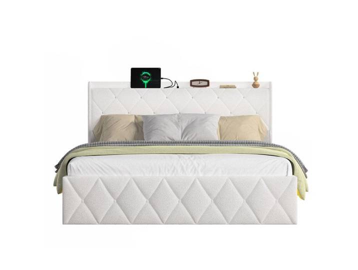 WUVRIE Lit double 140 x 200 cm rembourré blanc tissu bouclette tête de lit capitonnée USB et LED
