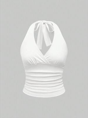 Daily Discovery Women's Halter Crop Top Backless Y2K Ruched Summer Going Out Top white s